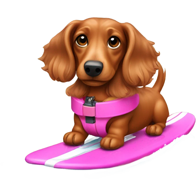 Long haired miniature dachshund red colour with pink collar on waterskis emoji
