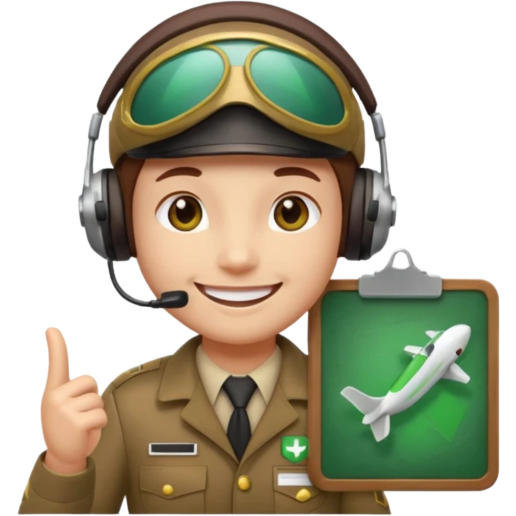Slack-style emoji of a pilot wearing holding a green board with a white check mark emoji