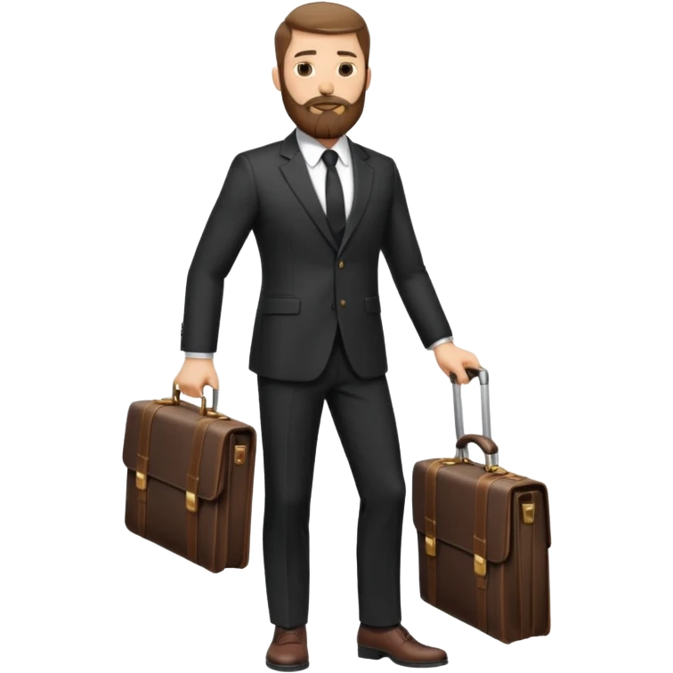 A handsome man, 40+ years old, with a thick beard in a black suit, fair skin, short stylish haircut, full-length photo, wearing an expensive watch, unusual pose, holding a briefcase emoji