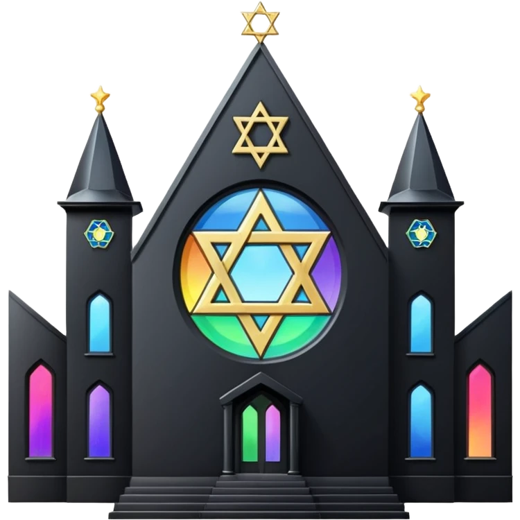 jewish synagogue temple in dark goth aesthetic style with black building and very light rainbow tint glass windows and star of david and celestial symbolism emoji