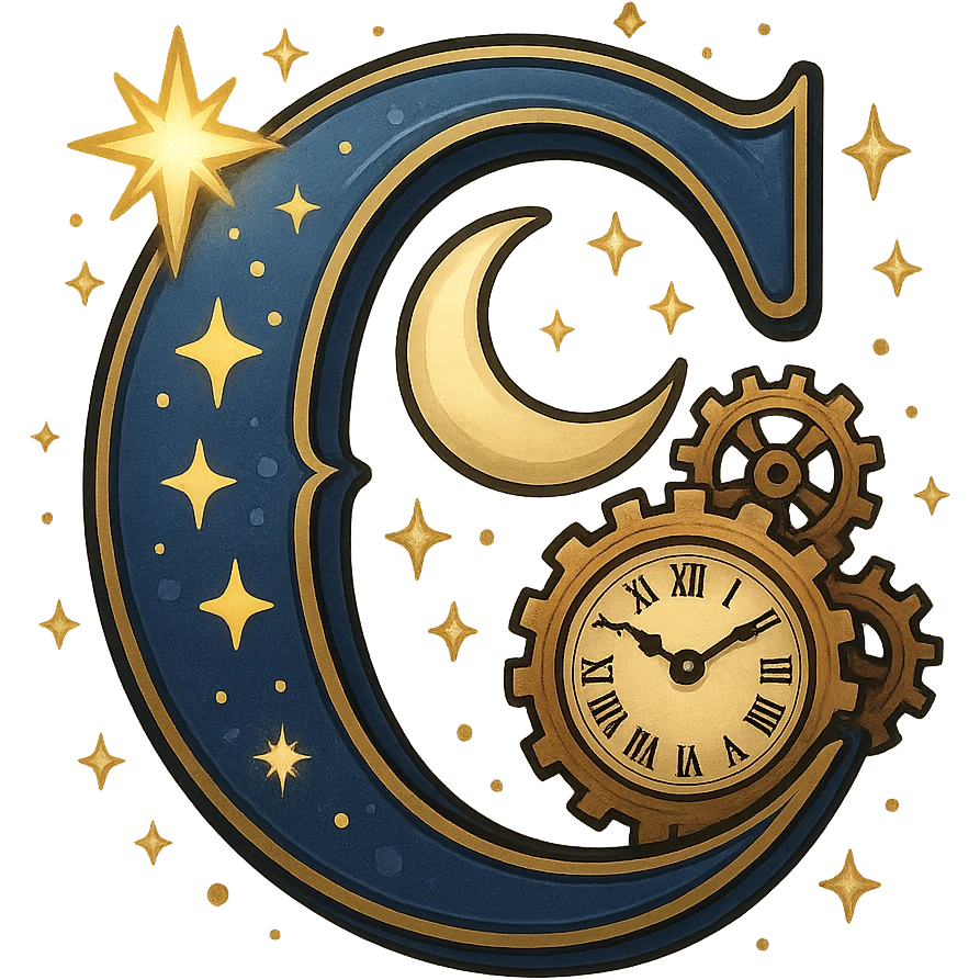 stylized letter C with celestial and time motifs, blending cartoon and realistic elements, inspired by Chronos and the gods of Olympus, just the letter C emoji