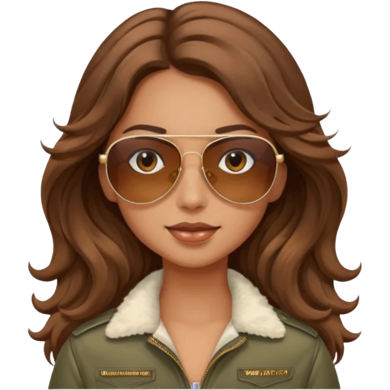 tanned girl with long wavy brown hair wearing aviator sun glasses emoji