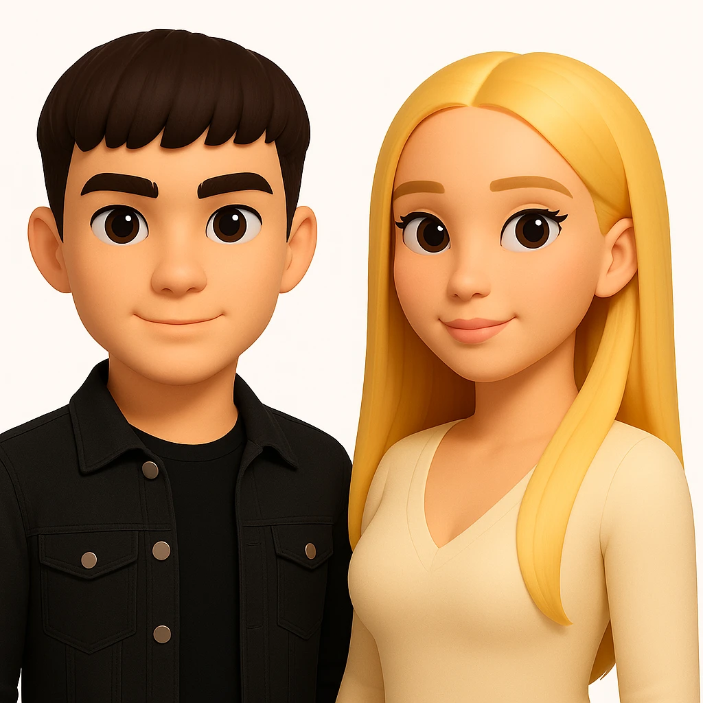 Slightly increase the volume of the upper body of the girl, separate the girl and the boy from each other, make the skin color the same for both characters, keep the cartoon style, white background. emoji