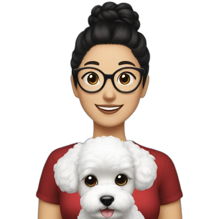 woman-black-hair-bun-with glasses-with bichon dog-white-smile-Christmas emoji