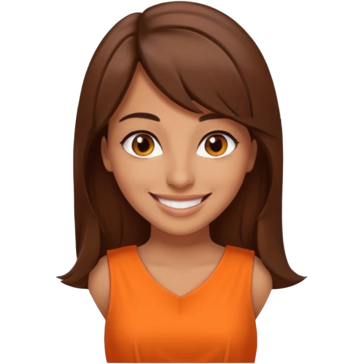 30 yr old middle eastern woman straight brown hair side bangs big smile tanned skin brown eyes orange dress long hair emoji