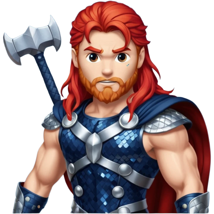 Thor, God of Thunder from Gods and Goddesses with long red hair, dark blue and silver sequin outfit emoji
