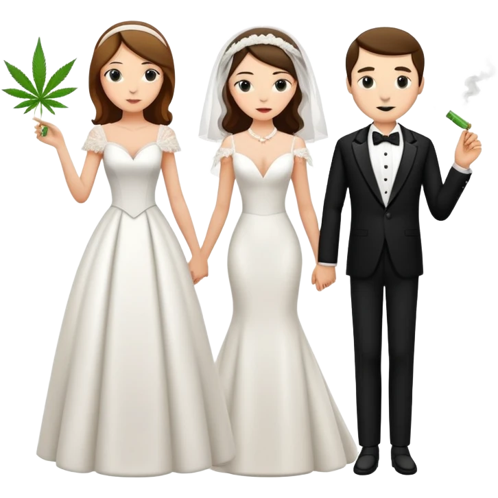 A bride in white wedding dress and groom in tuxedo, full body, smoking cannabis, side by side emoji