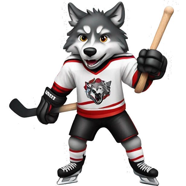 A wolf plays hockey in a black and white red uniform with a wolf emblem on his chest emoji