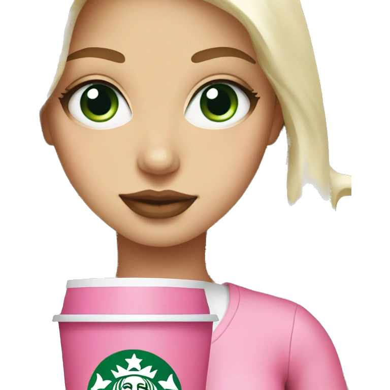 platinum blonde with green eyes drinking pink starbucks wearing a pink bow emoji