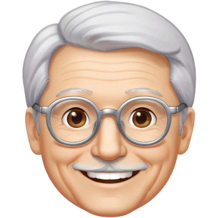 người đàn ông 60 tuổi, da trắng, tóc bạc, mặt cười tươi vui vẻ, đeo kính emoji