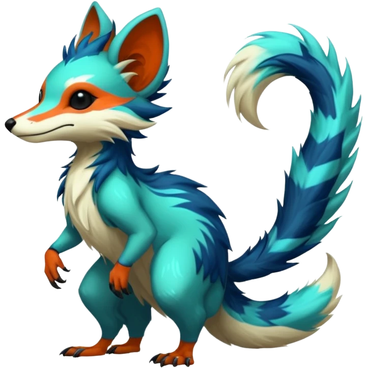 Cool randomly colored colorful furry anthropomorphic fantasy-Vernid-creature by LiLaiRa with a long tufted tail with edgy markings (full body) emoji
