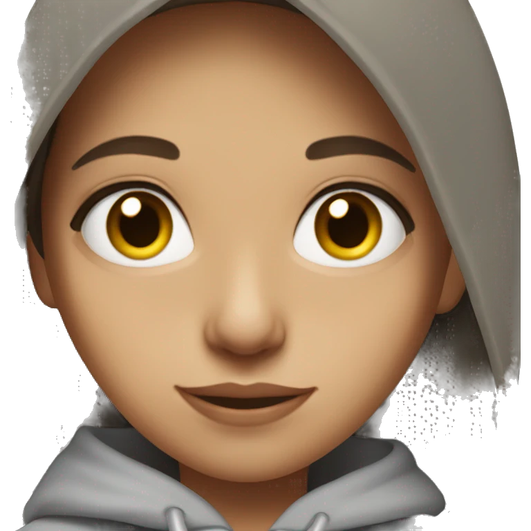 brunette girl with hazel eyes mid length hair with a grey hoodie  emoji