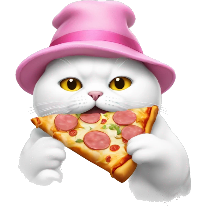 Fat white cat with a pink hat and is eating pizza emoji