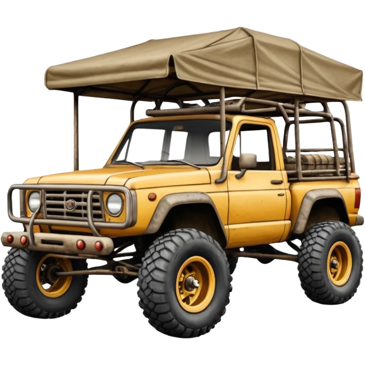 Off road Race truck whose frame and detailed suspension is made of shopping cart material with padded roll cage, roof rack, and antique style handmade bodywork (survivalist style) emoji