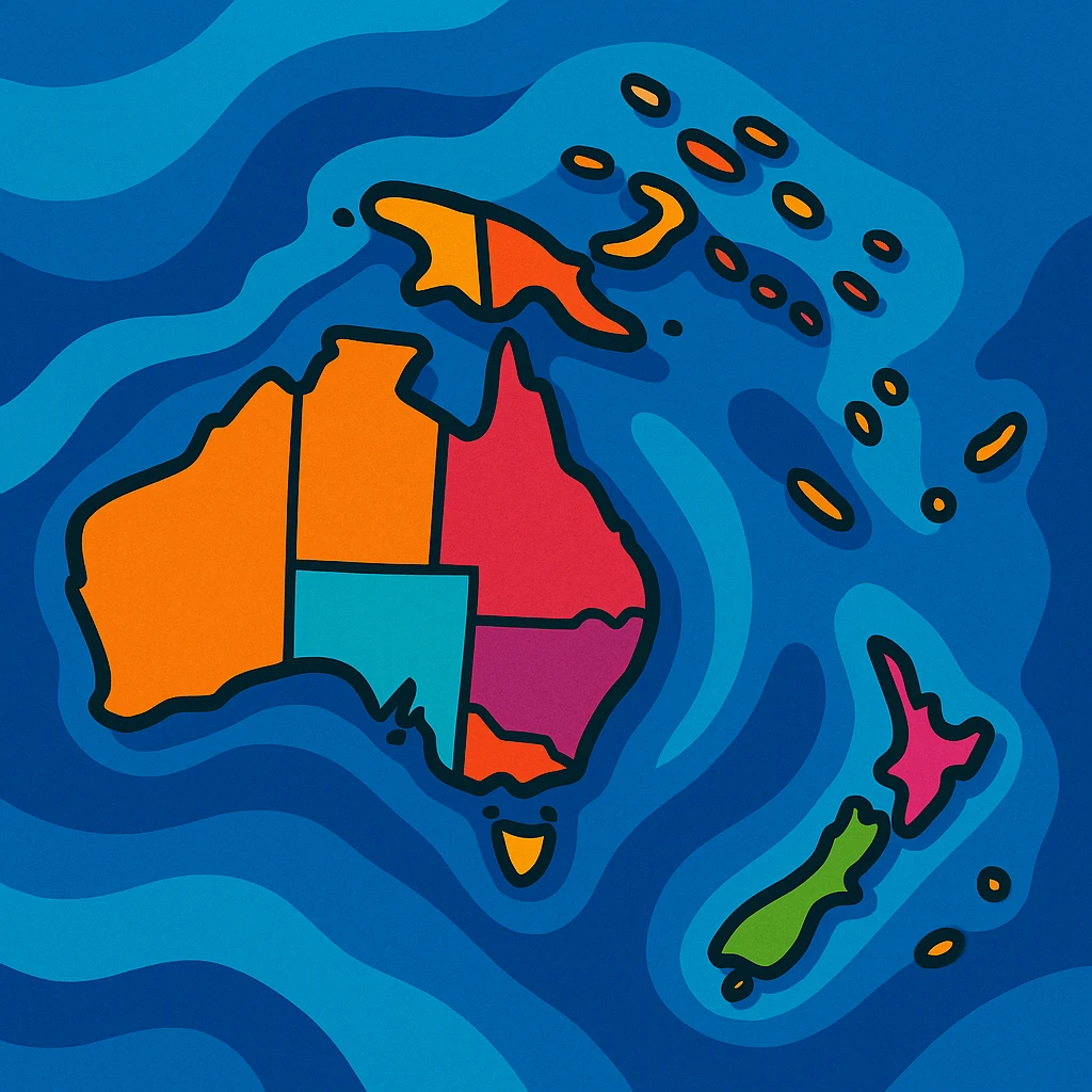 Oceania continent, stylized map, vibrant colors emoji