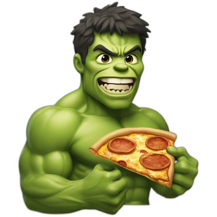 Hulk eats pizza with a smile emoji