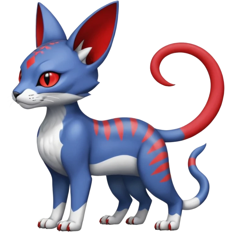 Dark-greyish-blue-grey-black, with red markings, white belly, scaley Bastet-Noibat-Gatomon-Digimon-Fakémon-Pokémon-creature (full body) emoji