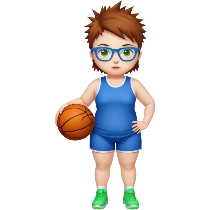 Full Body white chubby Girl with basketball spikey short brown hair  wearing blue glasses with green eyes emoji