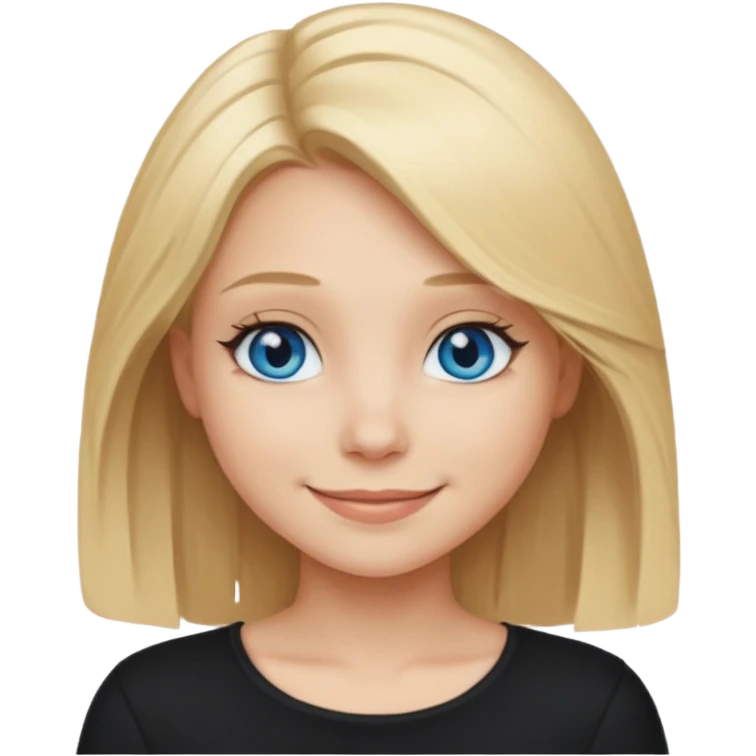 a new character a girl with shoulder length blonde hair wearing black clothes and wearing a cheeky smile she has blue eyes emoji