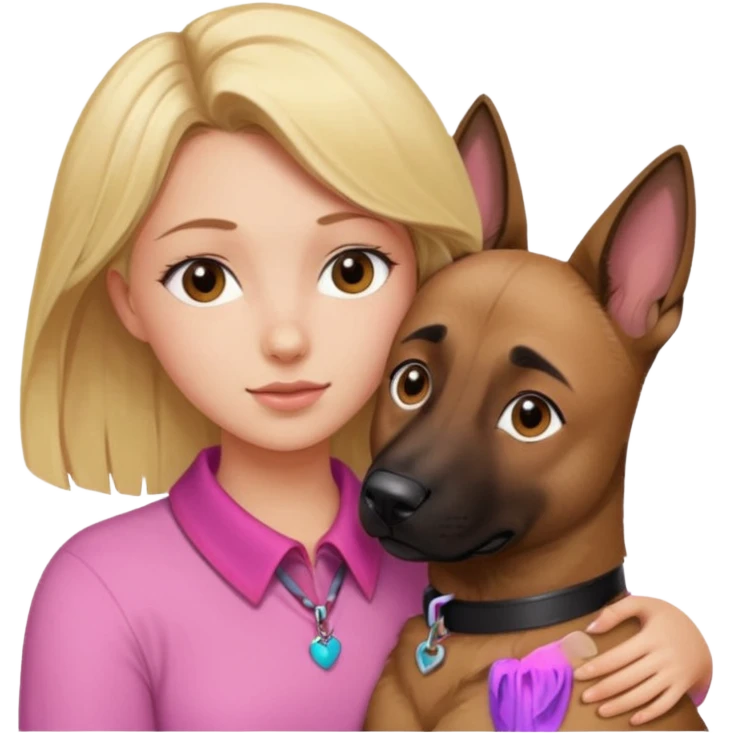 Blonde girl with brown eyes snuggling a Malinois with a pink collar  emoji