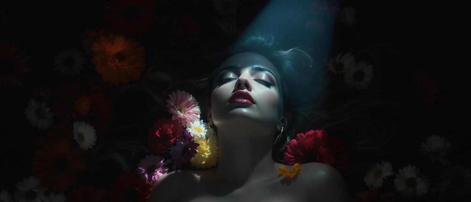 Camera drom top, Motion blur Extreme Closeup photo of a beautifull woman lay around beautifull colorfull flowers, cinematic light, 8K, very detailed, sharp, depth (foreground, midground, background) Spotlight, dark environemnt emoji