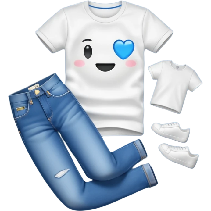 A 3D cartoon casual T-shirt and jeans outfit arranged on flat surface, bright lighting, Memoji-style realism. emoji