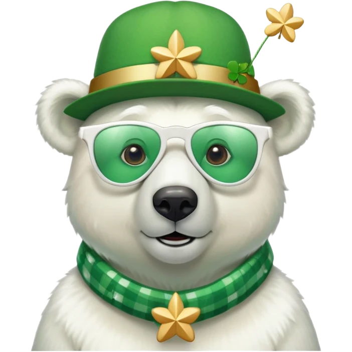 head and shoulders of a friendly anthropomorphised polar bear wearing oversized colorful star glasses, green hat, shamrock accessories, festive shirt emoji