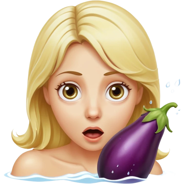 blond woman with wide eyes, eggplant squirting a visible stream of water from the tip, surprised face emoji