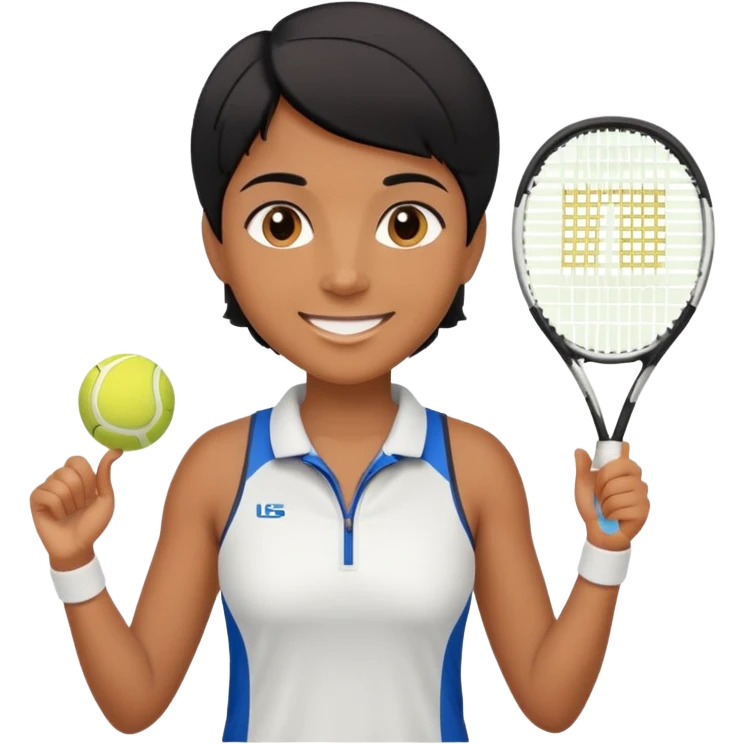 Chindian tennis coach, caramel brown, short straight hair, oval face, small eyes, big smile, wearing tennis outfit emoji