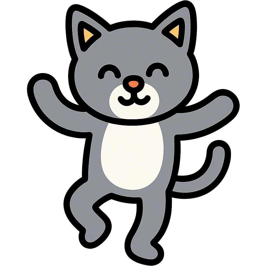 A grey cat with a white breast is dancing emoji