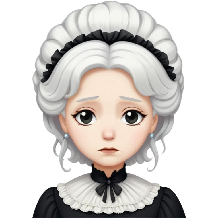 A Victorian woman with coiffed white hair wearing a modest black mourning dress sobbing with tears streaming down her face emoji