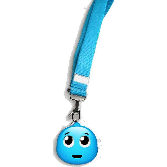 a light blue lanyard with card emoji