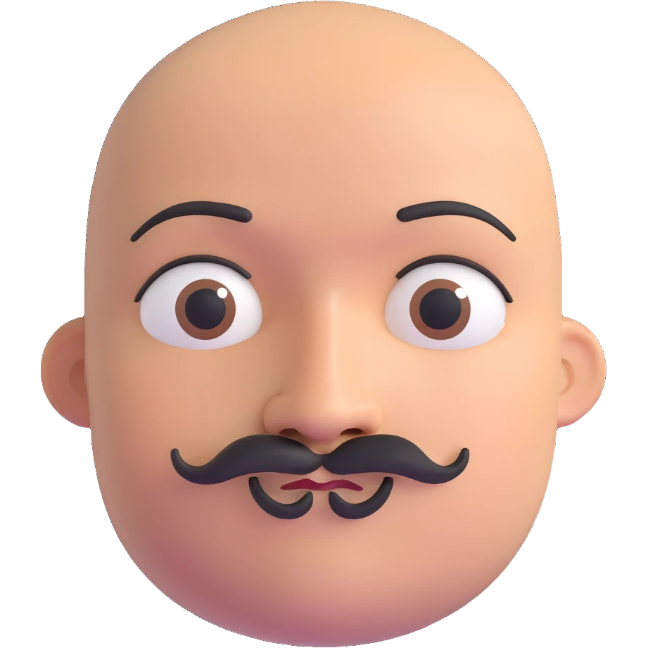 Bald man with smooth oval head, indigenous facial features, 37 years old, with only a mustache and thin beard connecting chin to lips, memoji style emoji