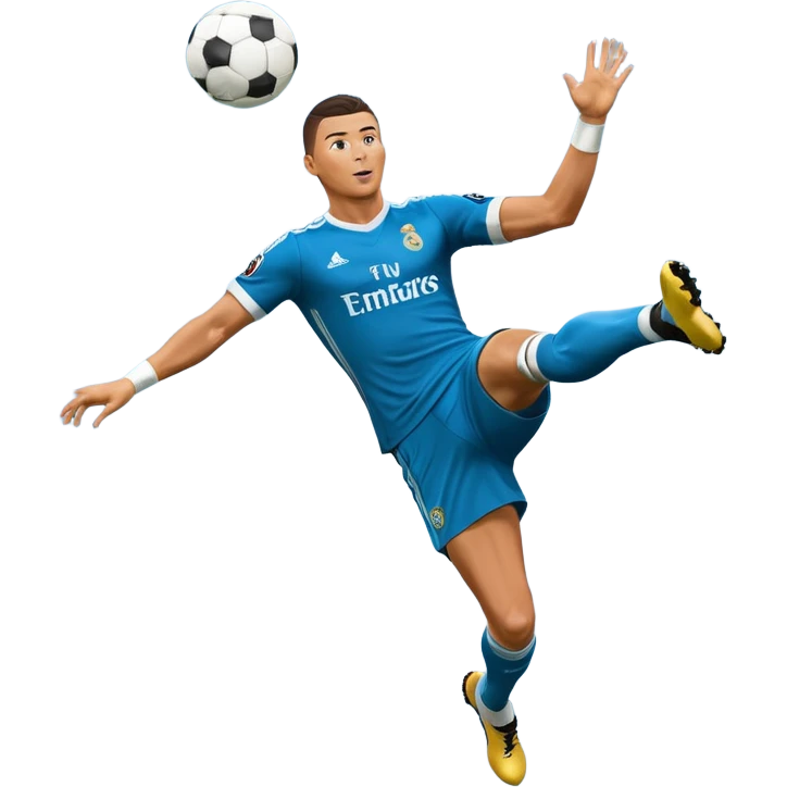 Ronaldo doing a bicycle kick with football in mid air While wearing a Retro blue Real madrid kit and yes i want it to be exactly the same as he Scored it in 2018 vs Juventus and please make it Realistic  emoji