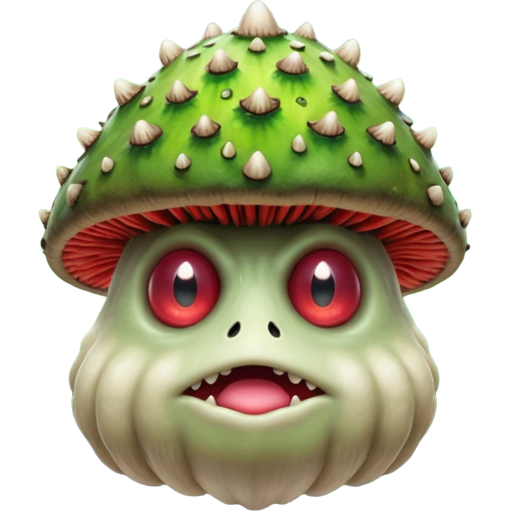 poisonous mushroom king monster portrait, head and shoulders only, giant toxic mushroom crown head, glowing green spore aura, animal-like eyes, thick fungal body texture, 3D cartoon, mobile game icon style, clean background, no text, no watermark

 emoji