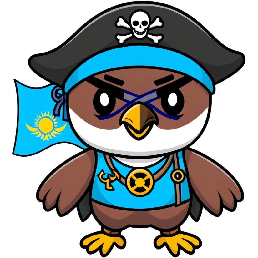 Pirate character with Kazakhstan flag colors and elements, eye patch, pirate hat with Kazakhstan eagle symbol emoji