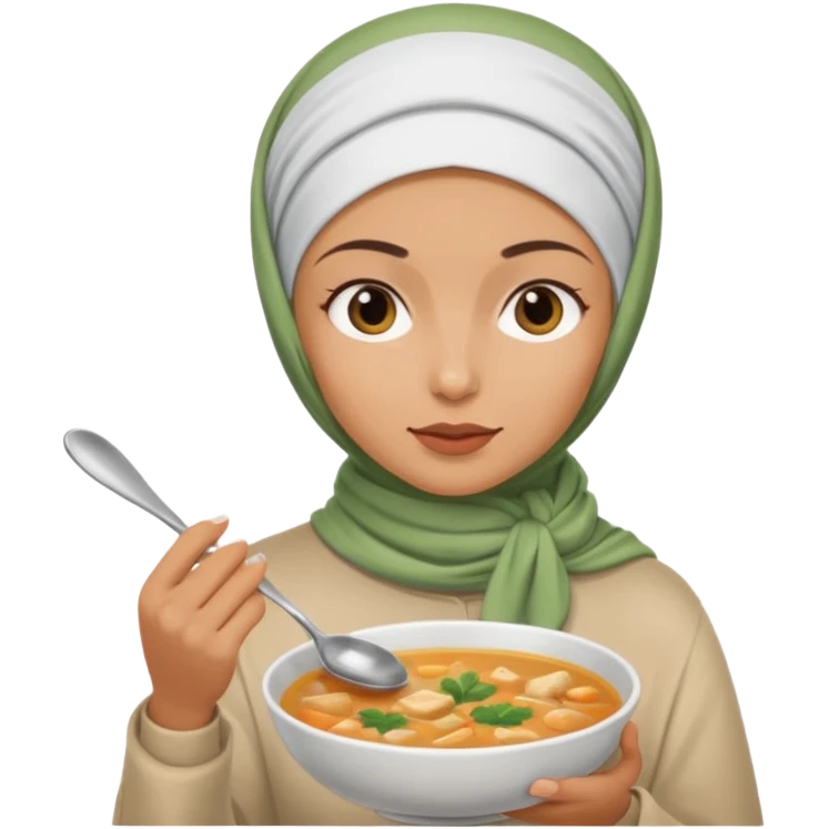 a woman wearing a headscarf is eating while holding a spoon emoji