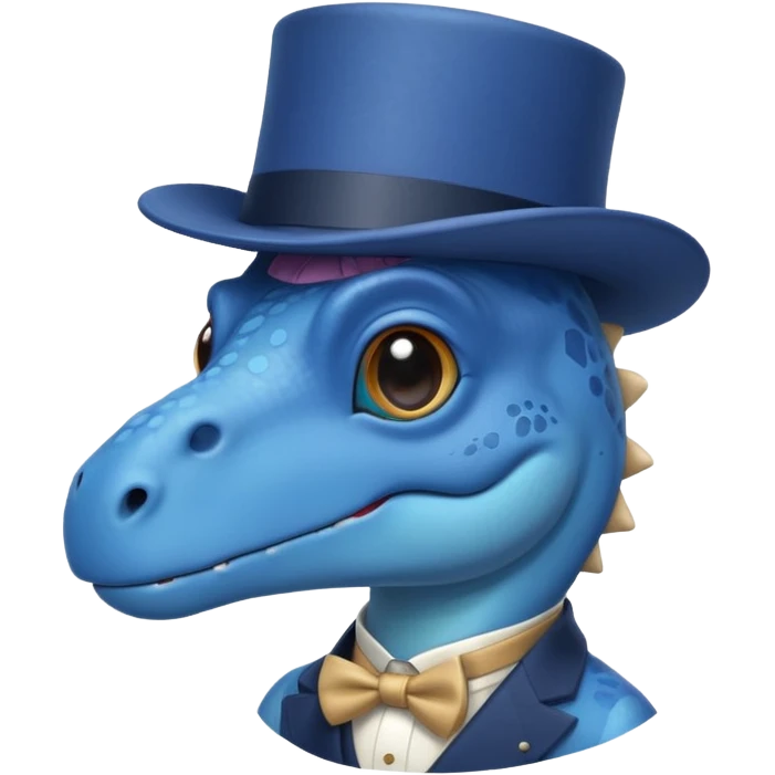 A flat blue dinosaur like 🦕 with monocle and tophat emoji