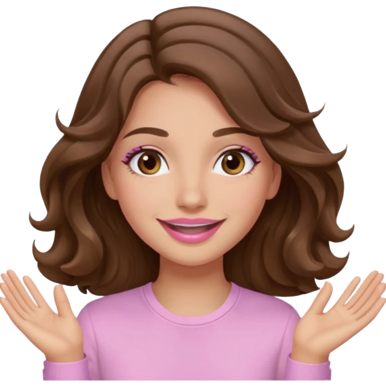 girl with wavy long brown hair, brown eyes, light to medium complexion, long lashes, light pink lipstick, wearing light pink shirt, smiling, hands over the eyes emoji