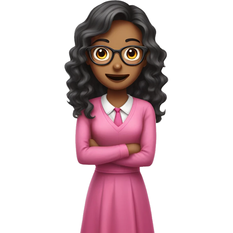 dark wavy long hair nerd girl, wearing a pink dress, pink mouth emoji