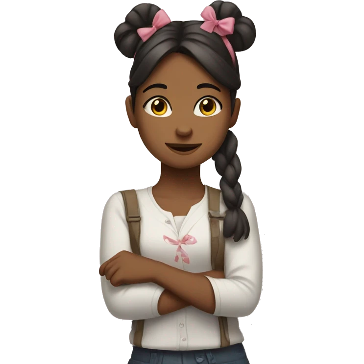 Girl wearing a bow and doing peace sign emoji