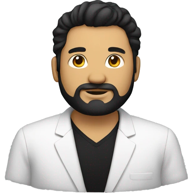 man with lots of black hair and beard, fat , dressed in black blazer with black tshirt emoji