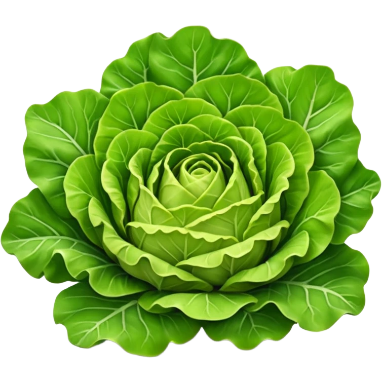 whole lettuce head, broad layered leaves, crisp, curled edges, outer leaves deep green, inner leaves lighter green to pale yellow, leafy and ruffled texture, natural veining, fresh, base stem end visible, 3D, clean, minimal, soft shadows, transparent background, emoji scale emoji
