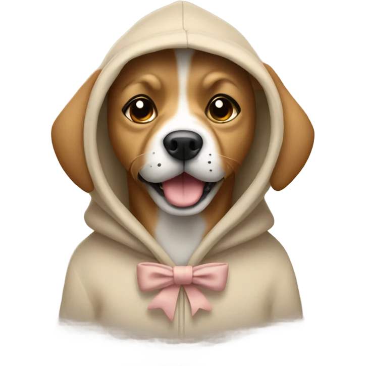 Dog wearing a beige hoodie with a bow in its fur emoji