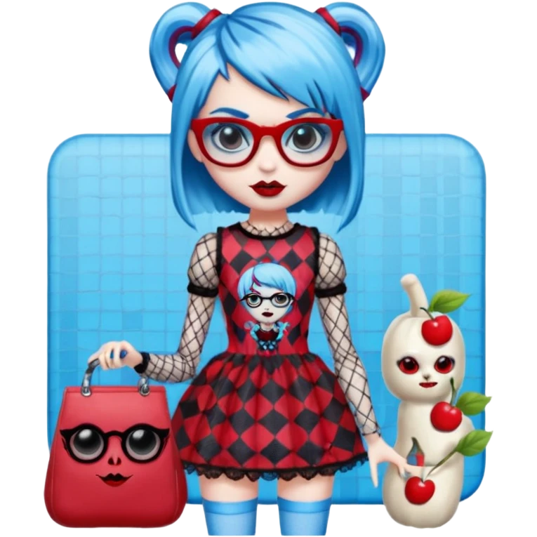 Ghoulia yelps monster high doll in scene/emo style cherry print dress with fishnet sleeves, clothes, thin, small, red, rectangle glasses, pale white-blue skin, pixie-cut emoji