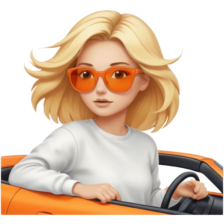 A cinematic realistic blonde in sunglasses, wearing a white sweatshirt, is driving an orange car, her hair is slightly blowing in the wind. emoji