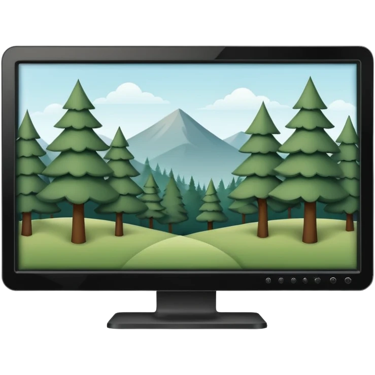 Minimalistic flat vector icon, iOS style, thin black contour on white background. Computer monitor with a simple forest scene on the screen (trees, minimal landscape). Clean, no text, no shadows emoji