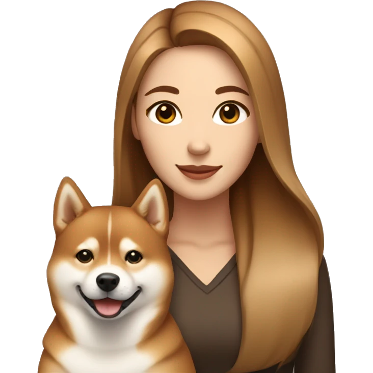 beautiful woman, straight long light brown hair, brown eyes smiling with dog Shiba Inu emoji