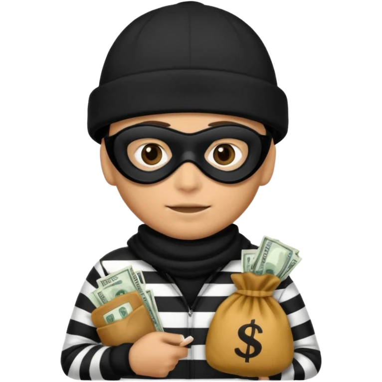 A emoji of a person wearing a black and white robber outfit and a black winter hat and a black mask and a Money Bag emoji