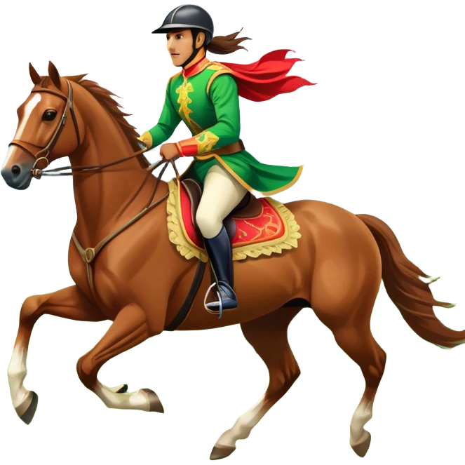 An icon showcasing a majestic horse and rider in full gallop across a lush green field. The background features a clear sky, distant mountains, and a vibrant landscape. The rider wears traditional gear, while the horse leaps with grace and power. Transparent background emoji
